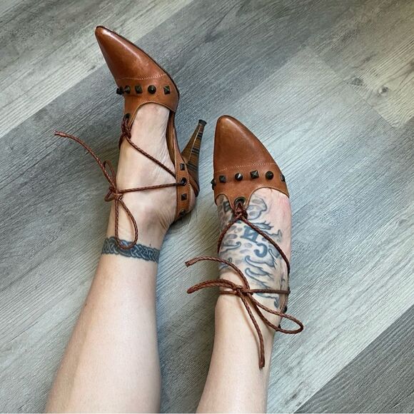 Georgina Goodman Heels Brown Leather Ankle Lace Up Studded Designer - Picture 2 of 11